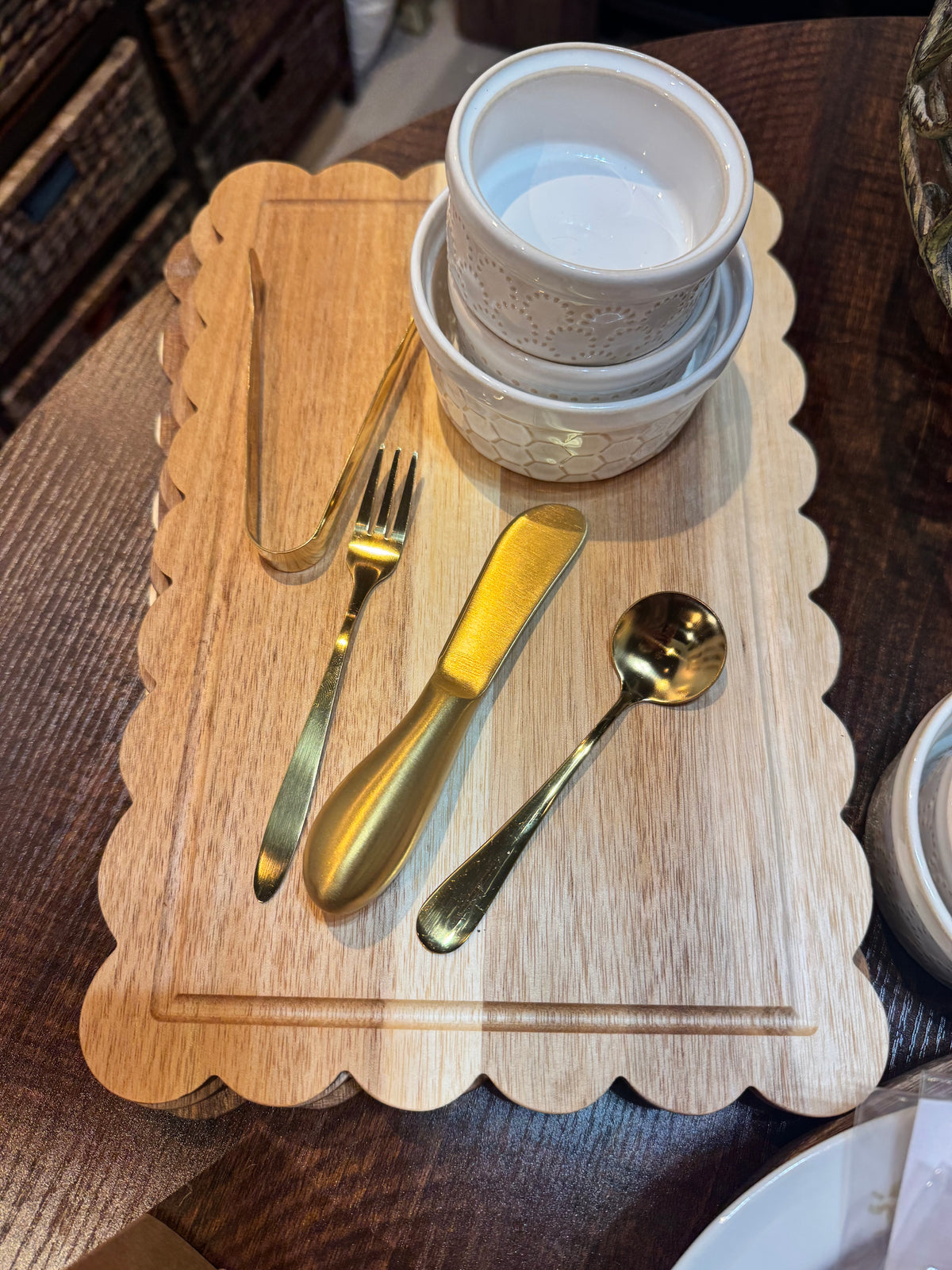 Acacia Wood Scalloped Charcuterie Board with White Tea Towel